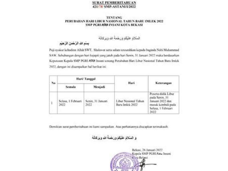 PERUBAHAN HARI LIBUR NASIONAL TAHUN BARU IMLEK 2022